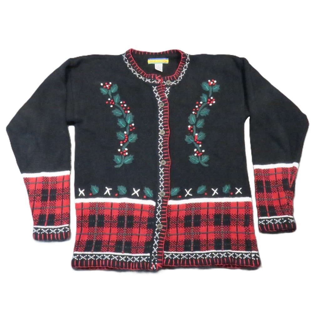 Bryn Connelly Christmas Cardigan S Black Red Plaid Button Vtg Holiday Grandma